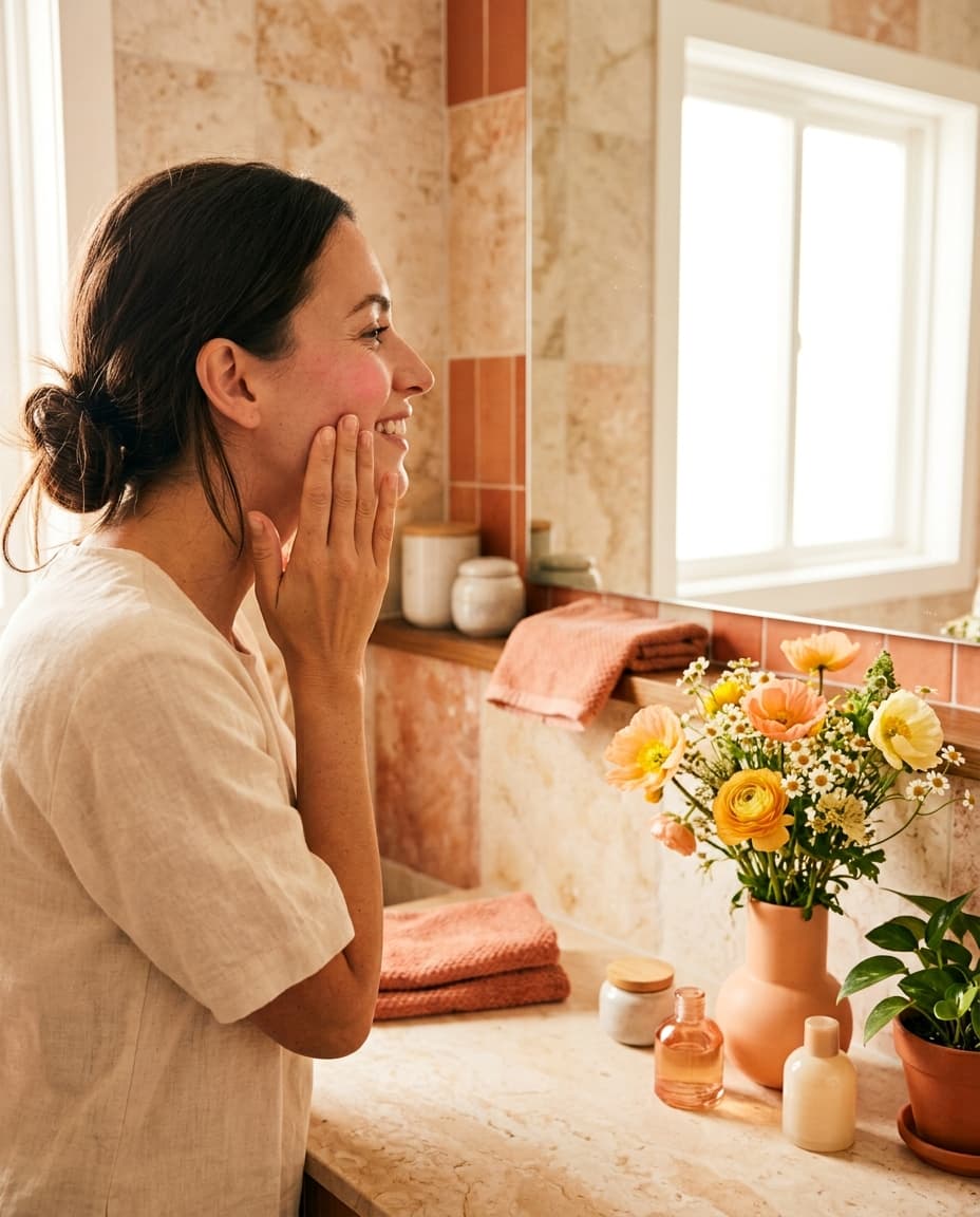 Paula aplicándose crema facial frente al espejo durante su rutina de belleza